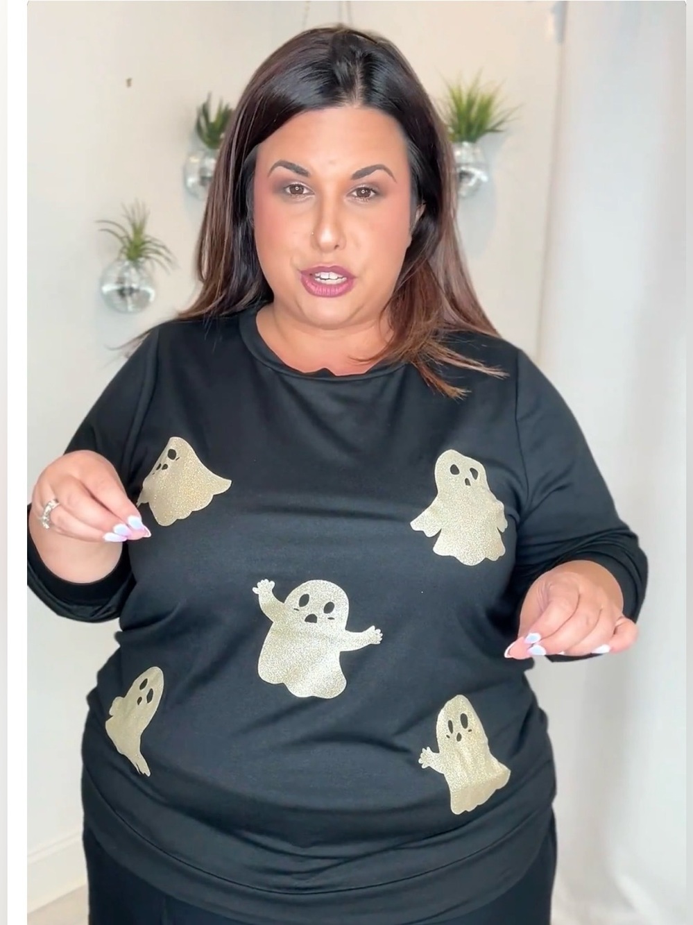 Plus Black Long Sleeve Top with Shimmery Ghosts